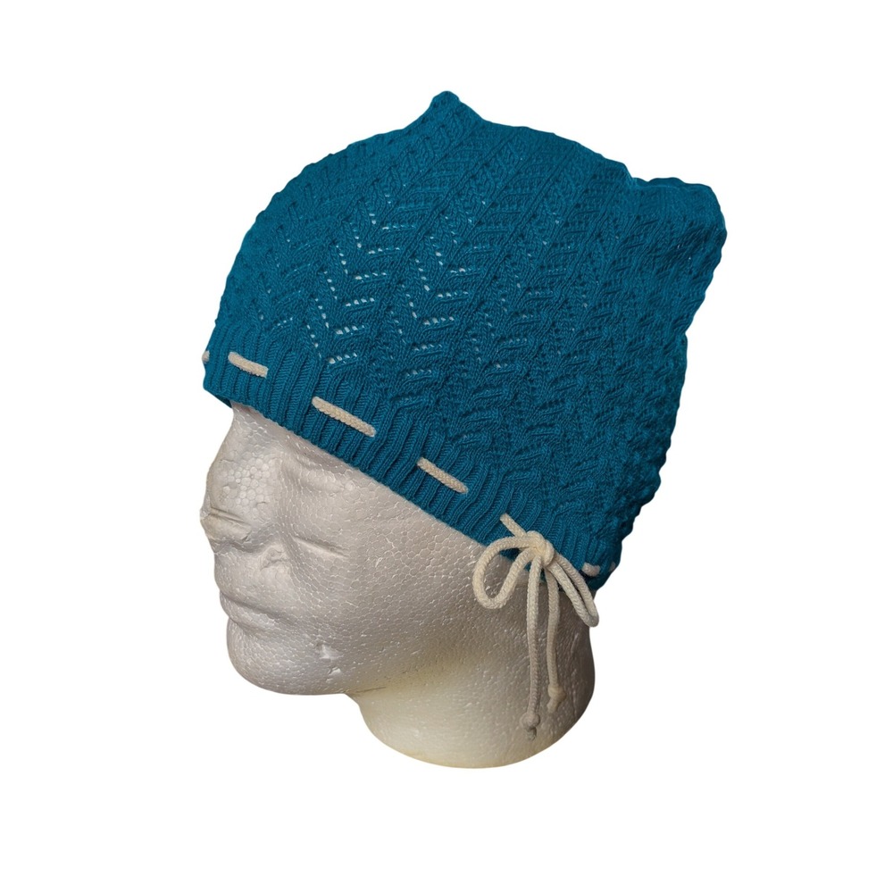 Keds Teal Blue Pointelle Knit Beanie Hat with Cream Drawstring Bow Accent